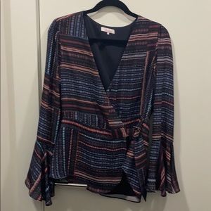Parker colorful peplum wrap blouse w/ bell sleeve
